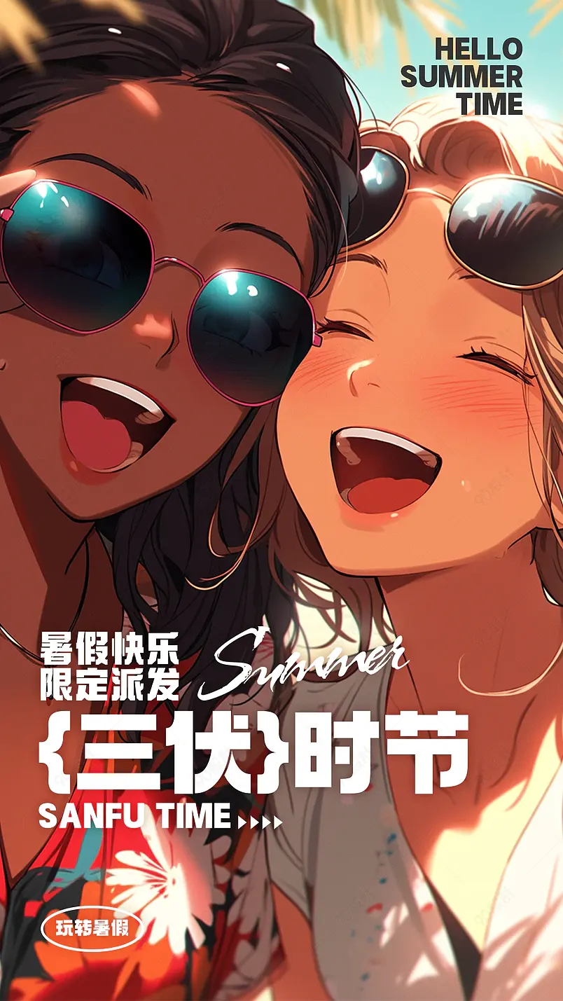 卡通手绘可爱女孩笑容插画三伏天夏天海报