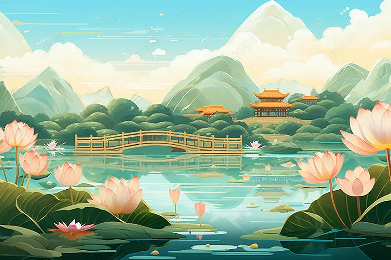国潮大暑夏天荷花荷叶荷塘祥云插画风景