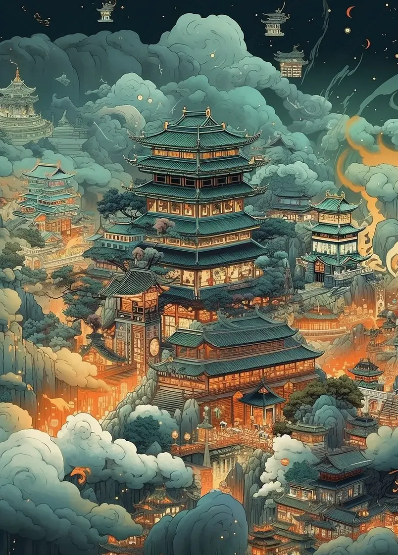 国潮古建筑着火插画古代建筑山水图背景