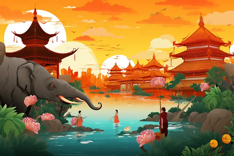 旅游城市傣族大象湖面国潮手绘插画