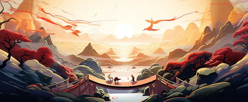 古风新国潮古风山水建筑主kv插画