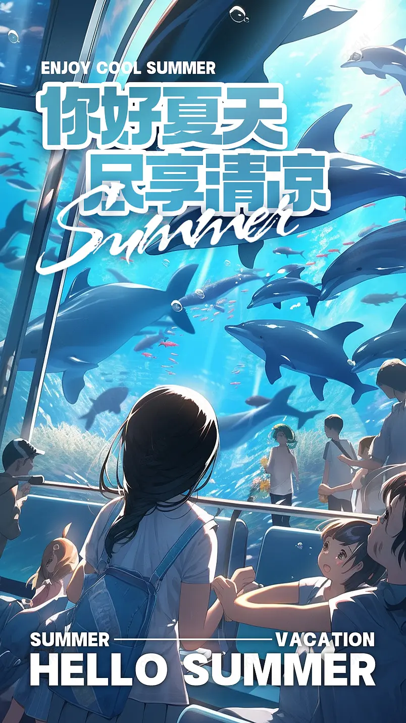 卡通手绘水族馆你好夏天宣传海报