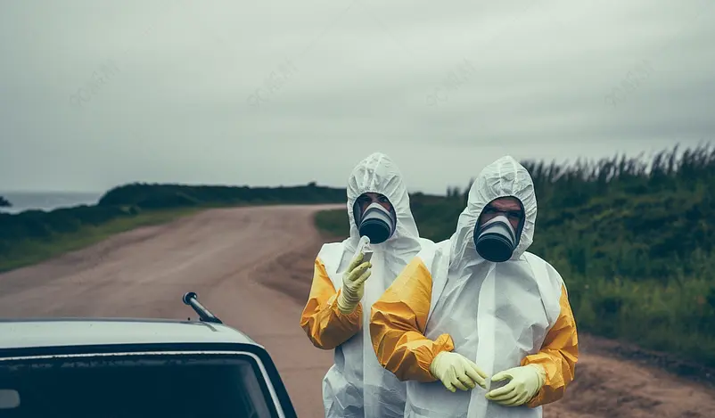 2名年轻人穿戴防毒面具戴着手套和防护服