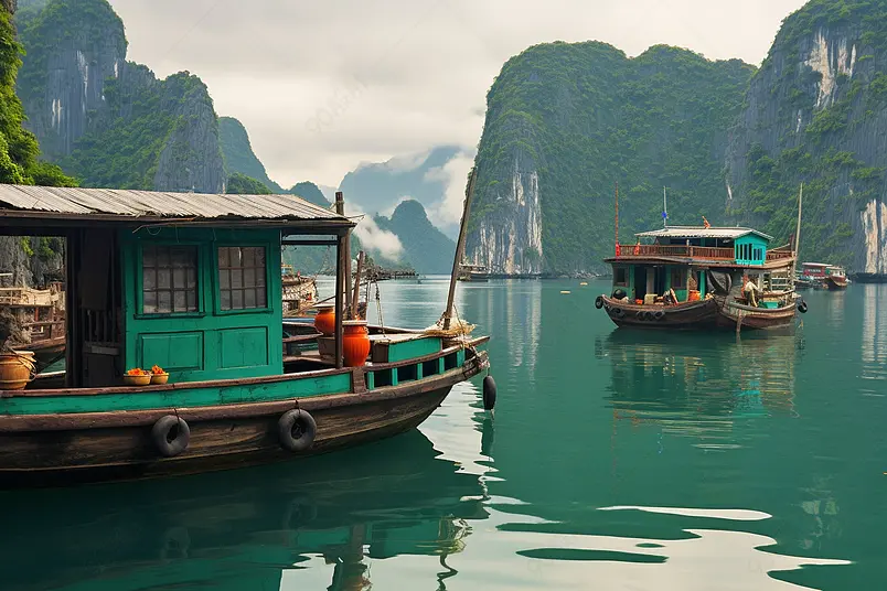 越南河隆湾的浮渔村