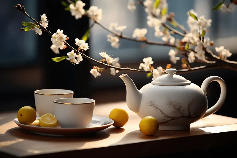 陶瓷白色茶具数字艺术静物画