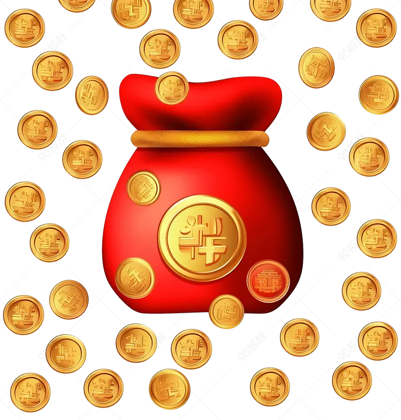 红色福袋金币排列卡通手绘装饰元素