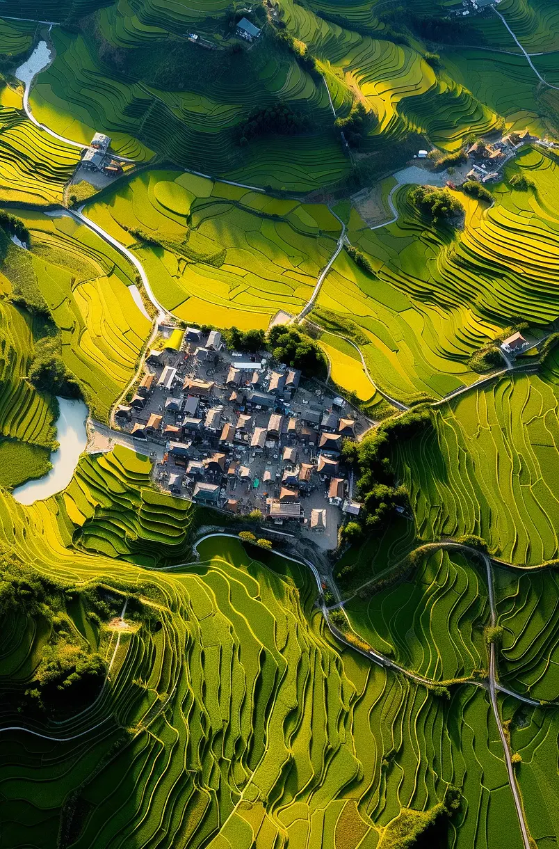 航拍福建省龙岩市永定区奥杳村秋天秋收前金黄色的稻田风景