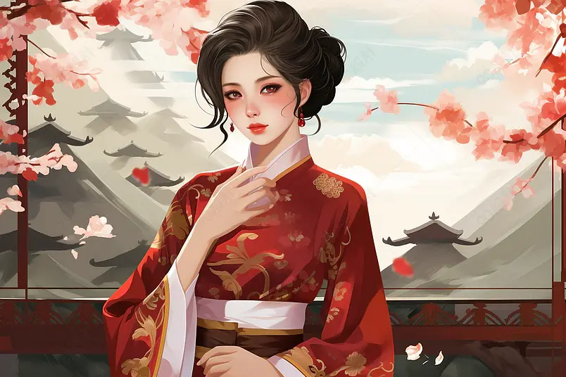唯美国潮中国风古风旗袍美女唯美风景海报插画