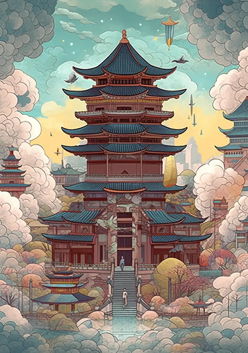 中国风名胜古迹国潮古典岳阳楼插画