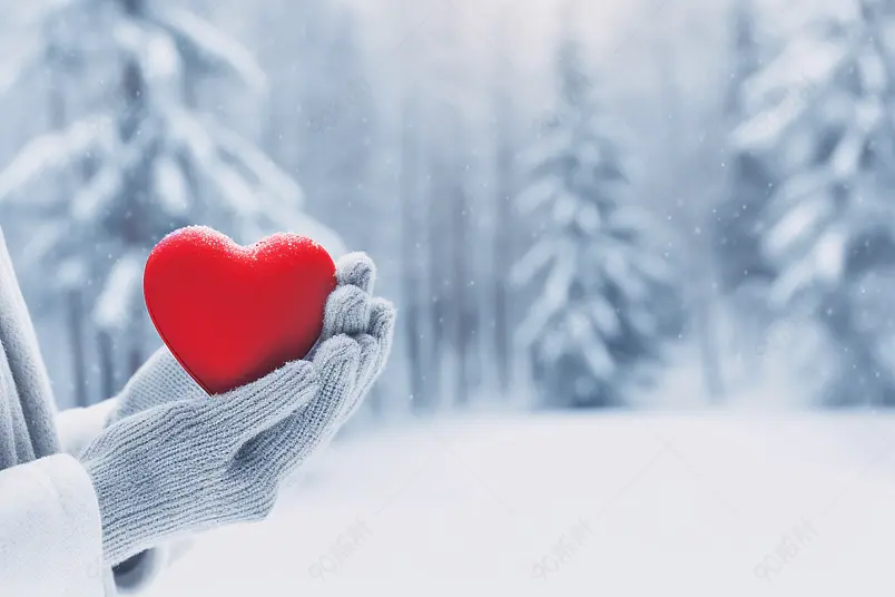 下雪雾凇树戴手套的人手捧爱心节日实拍摄影图