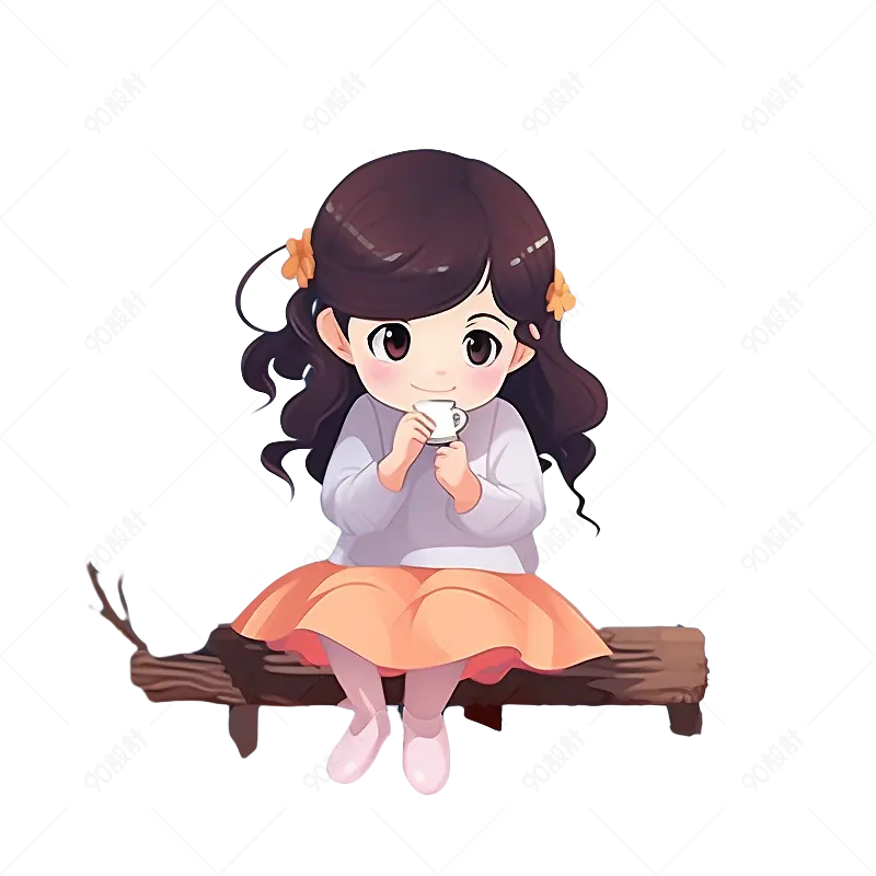 手绘坐在板凳上的可爱小女孩