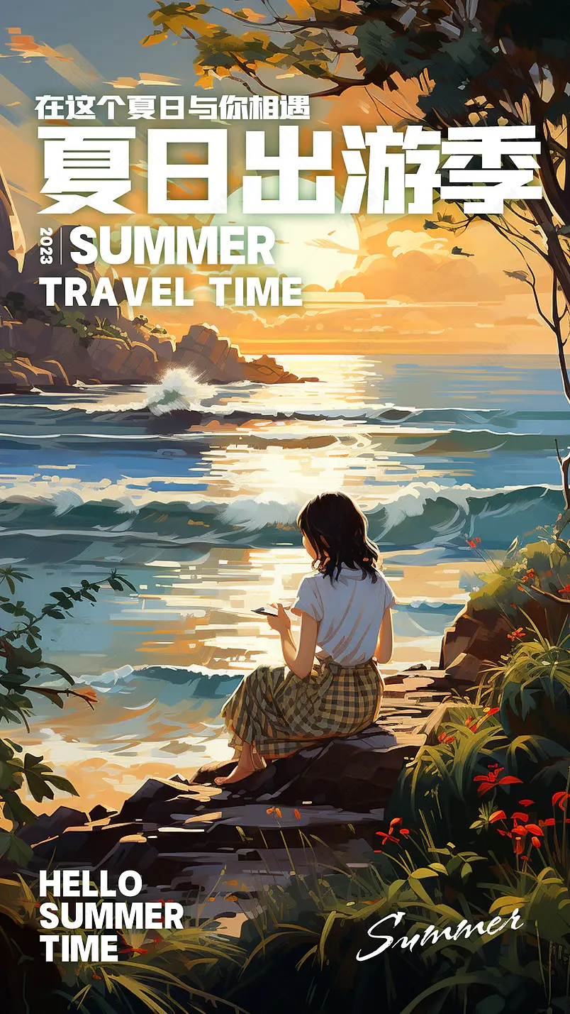 卡通手绘插画女孩海边夏日旅游海报
