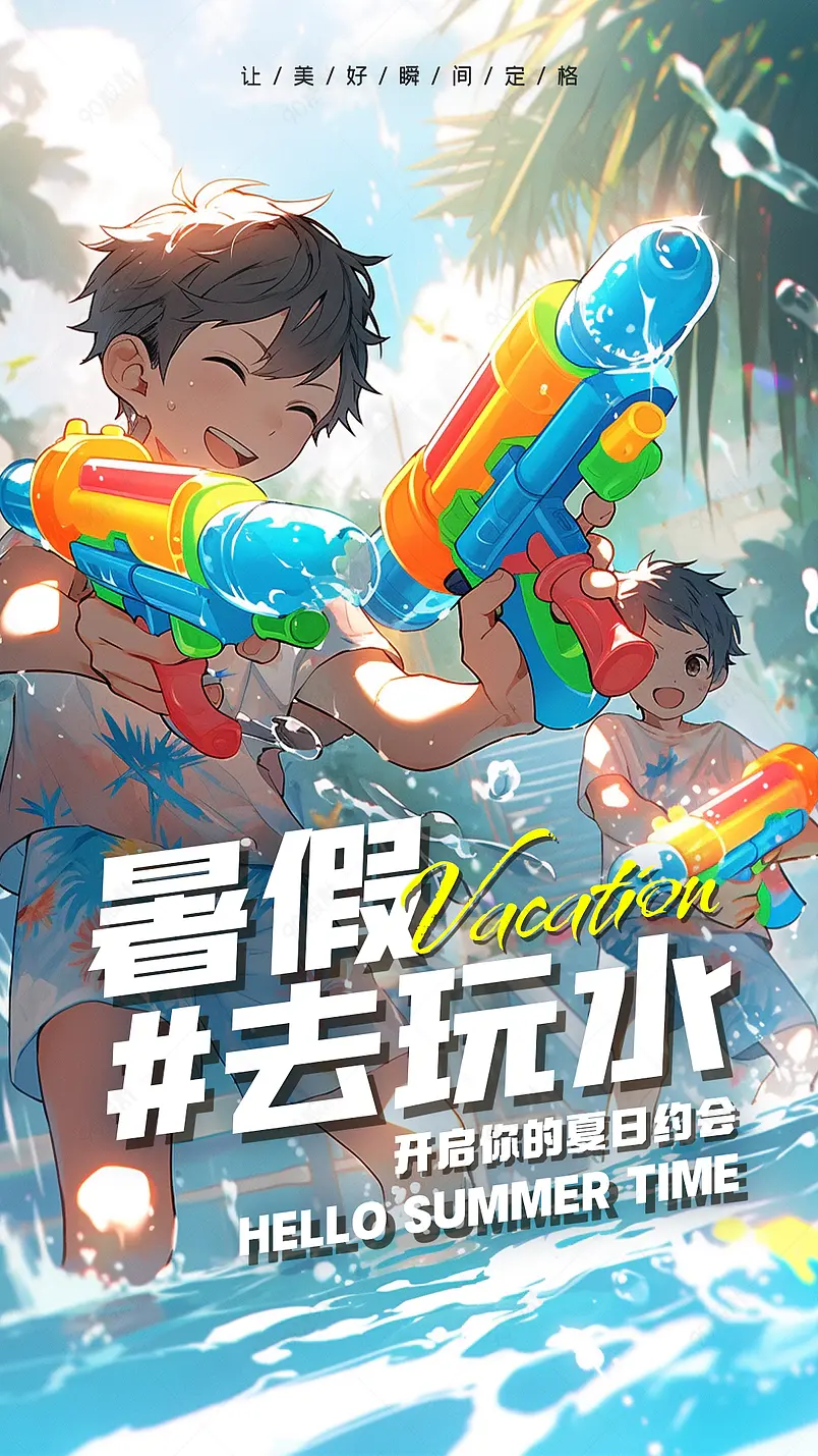 卡通可爱手绘插画男孩水枪游戏暑假海报
