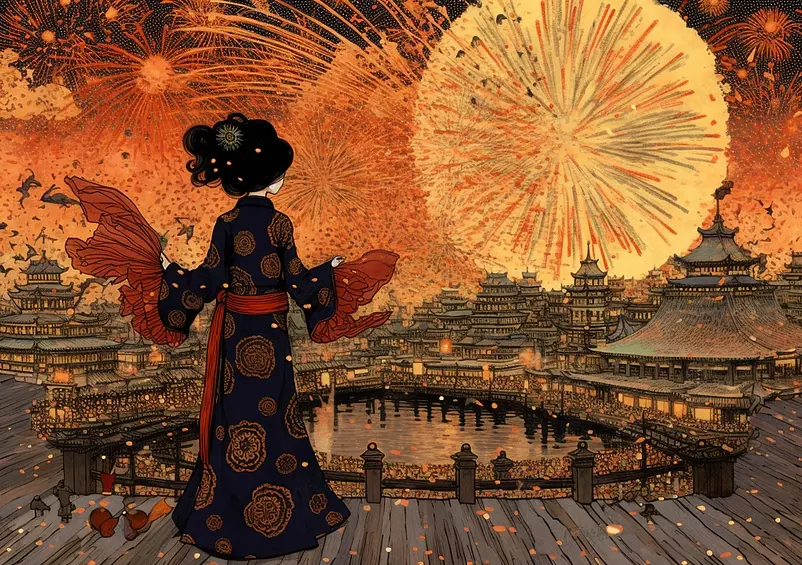 歌姬楼台望喧闹城池中国风国潮古典中国传统文化背景插画