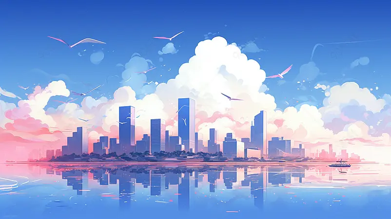 蓝色调现代卡通城市
