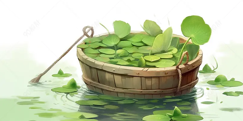 绿色荷叶水面木盆水彩画