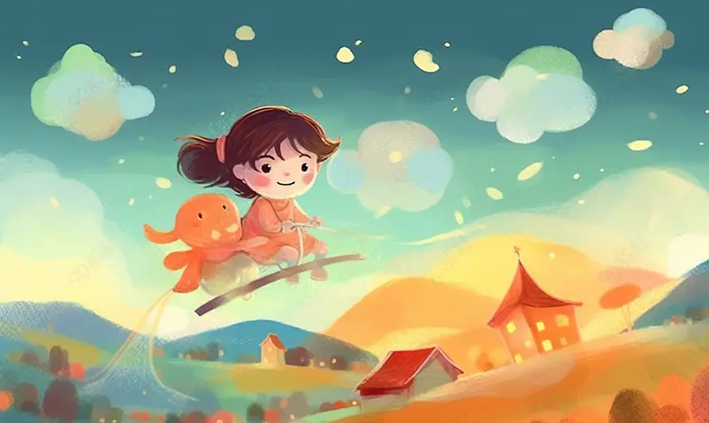 小女孩带宠物儿童节欢乐幻想小孩做梦天空飞翔插画
