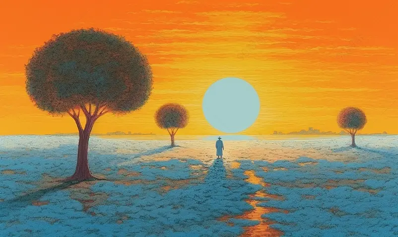 水彩手绘夕阳风景插画