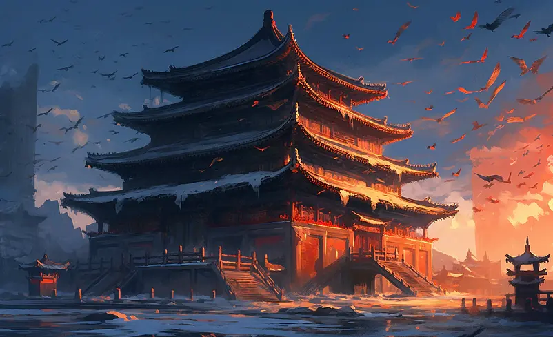鸟群雪地晚霞故宫宫殿国潮中国风祥云天空浪漫背景