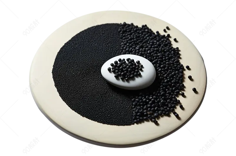 黑色黑芝麻粒和黑豆摆放在盘子上实物免抠元素
