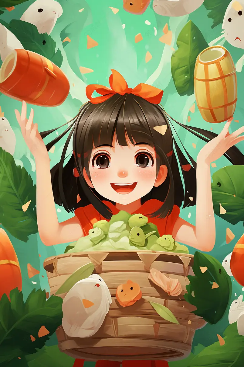手绘插画端午节女孩吃粽子背景