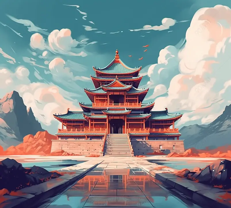 国潮古代恢宏大气古代三层建筑手绘插画