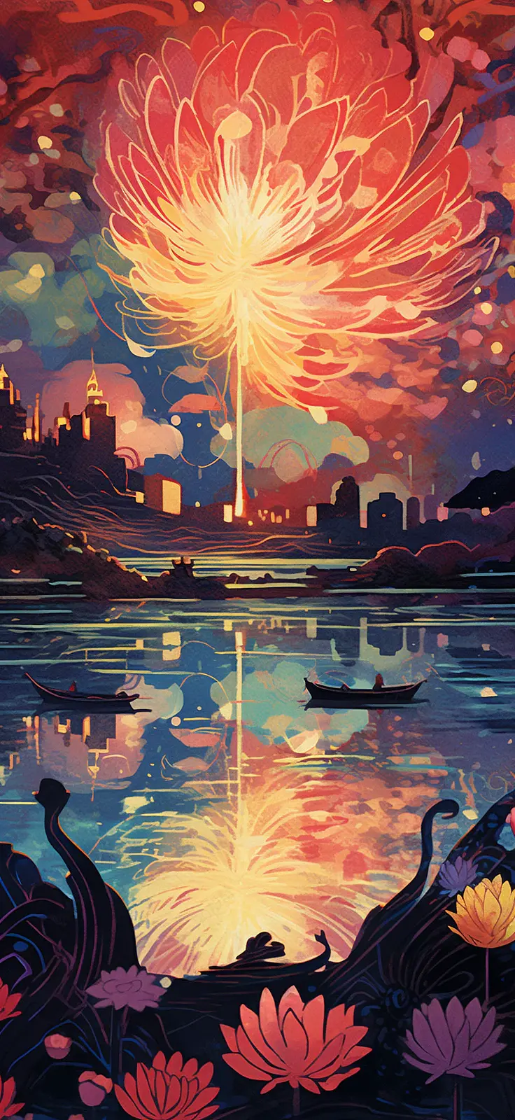 国潮风夜晚焰火景象背景插画手绘图