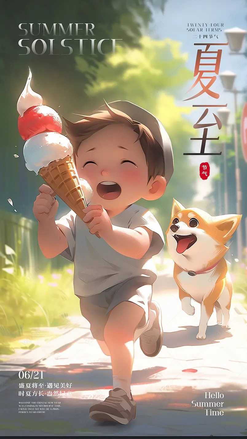 男孩冰激凌小狗卡通插画可爱夏至节气海报