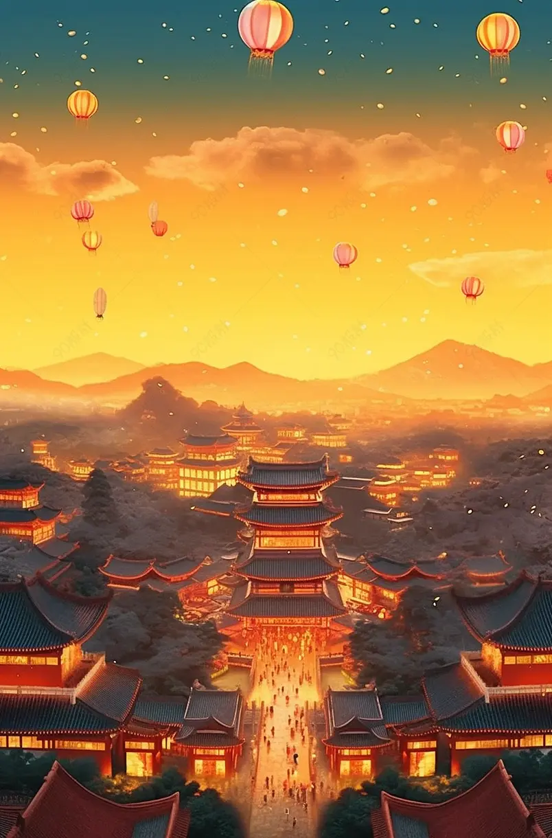 国潮风冬天的紫禁城故宫博物馆宫殿建筑插画远山仙鹤祥云天灯绽放