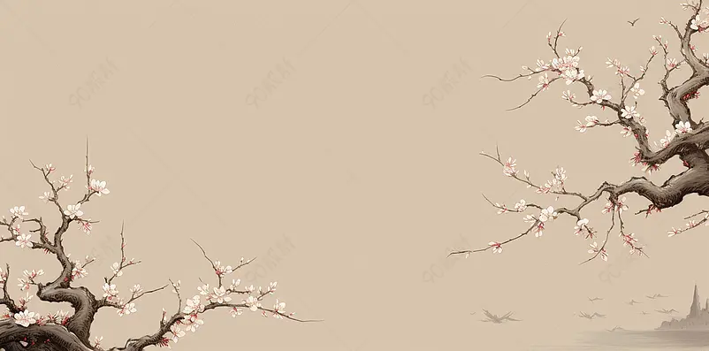 淡雅的国潮古风花枝插画卡其色背景