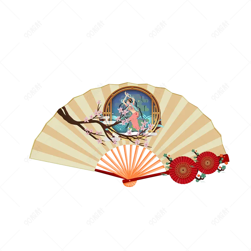  古风山水扇子云纹太阳仙鹤仙境意境