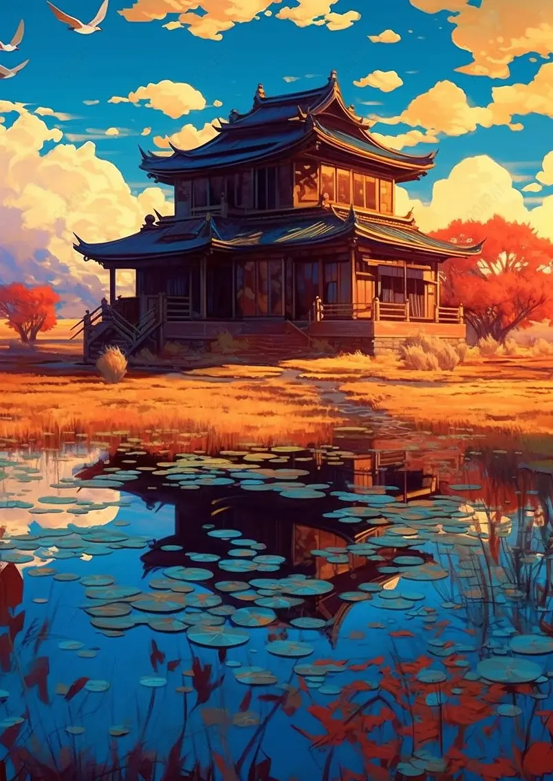 蓝色国潮风风景楼阁插画背景