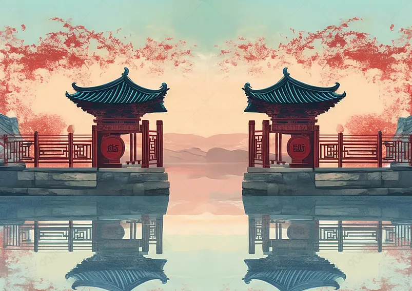 国风亭子国潮桥水面平静倒影蓝色天空背景