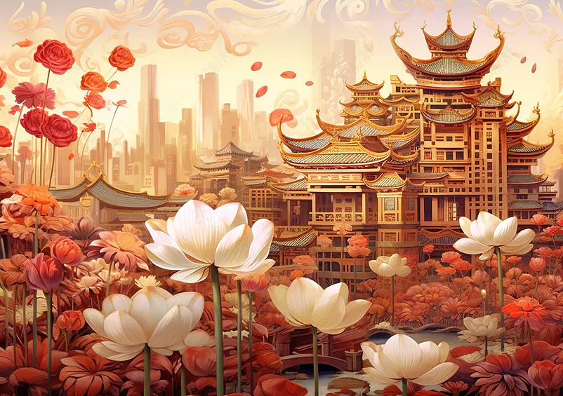 国潮建筑荷花池塘古典建筑开花池塘水天空橙色国潮中国风背景