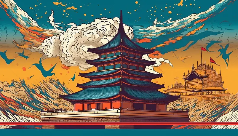 国潮风古建筑亭台楼阁插画图