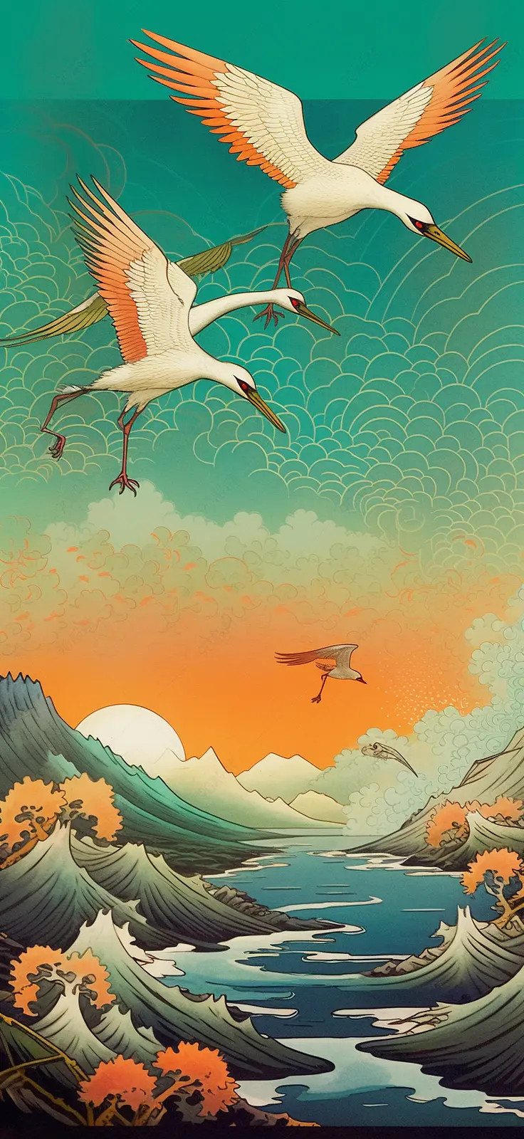 飞舞的仙鹤高山流水中国风国潮插画