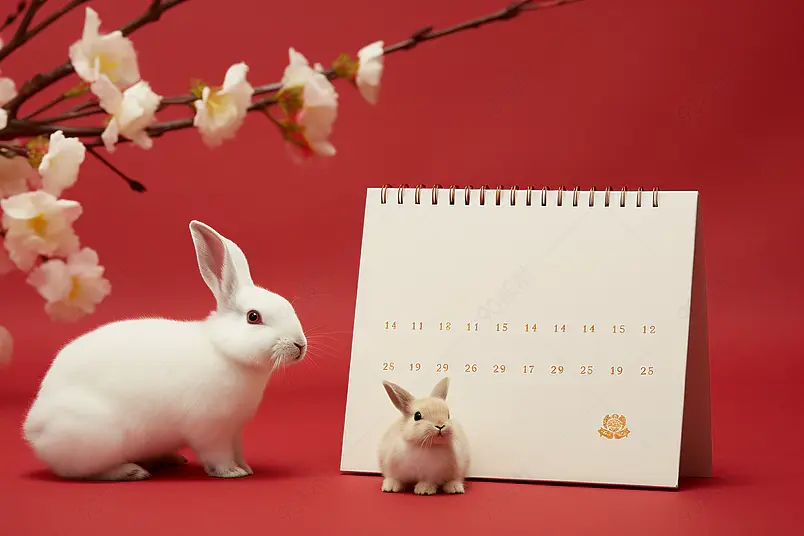 红色新年兔年日历背景摄影图