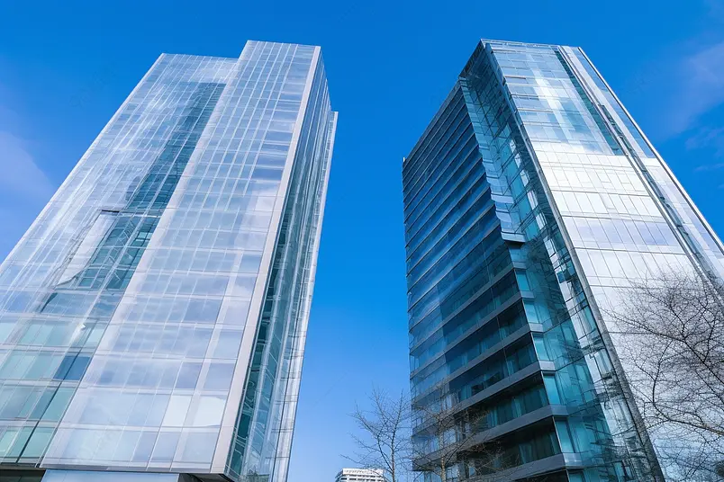 上海两栋商务大楼写字楼广角实拍画册封面照片素材