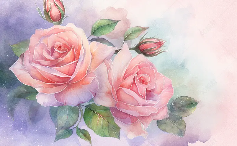 水彩玫瑰唯美粉色浪漫手绘插画双花朵开花温馨梦幻
