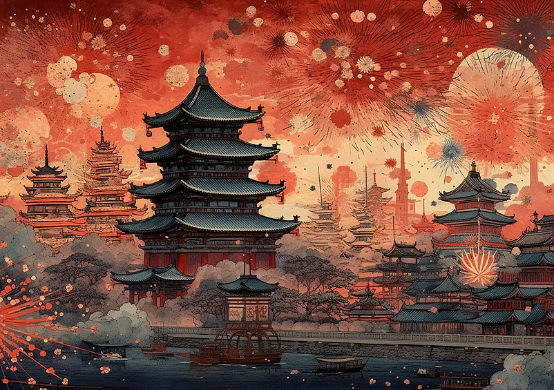 护城河船只城内有空烟花飞舞古建筑国潮节日背景插画