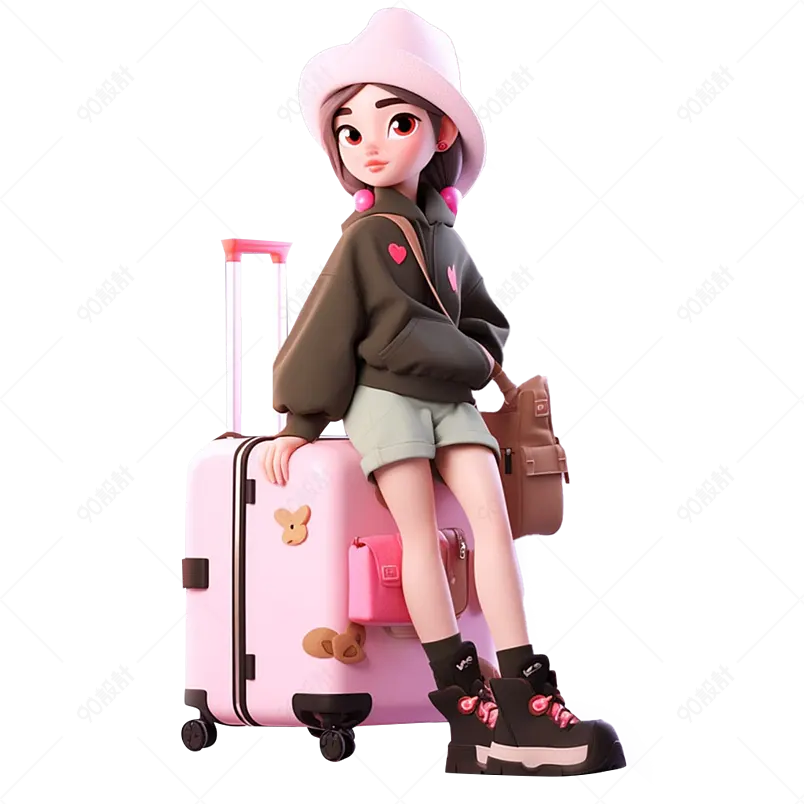 拖着可爱粉色行李箱外出旅游的女孩3D渲染立体免抠素材图