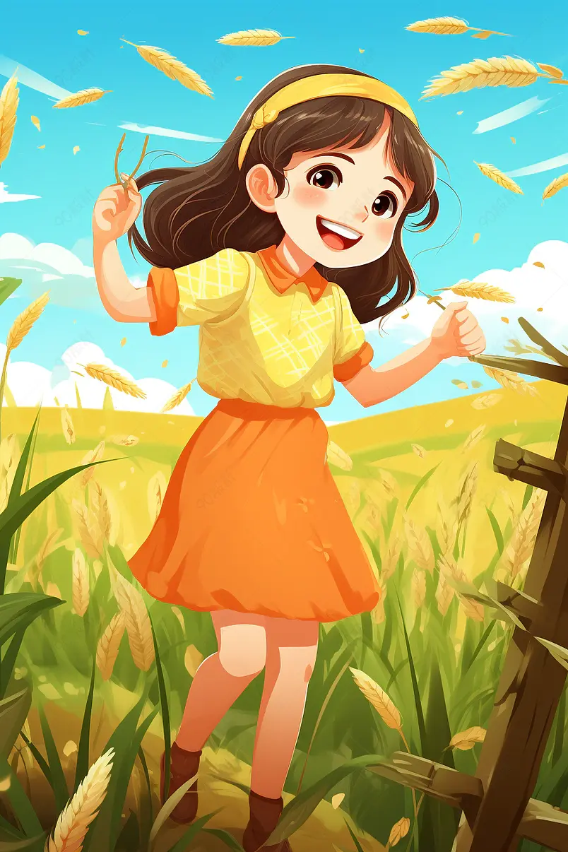 清新二十四节气小满拿麦穗女孩小麦插画创意