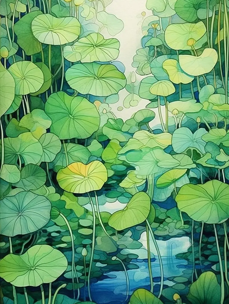 池塘步步生莲荷叶背景壁纸插画