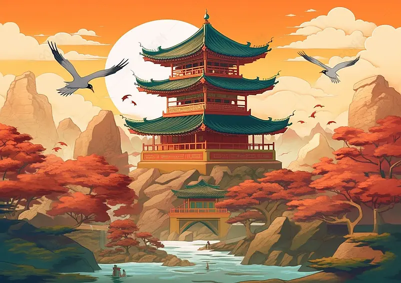 中国风传统建筑古建筑山水国潮风插画背景