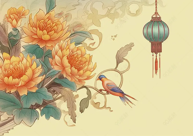 中国风淡雅国潮风花丛中秋灯笼工笔画植物手绘背景