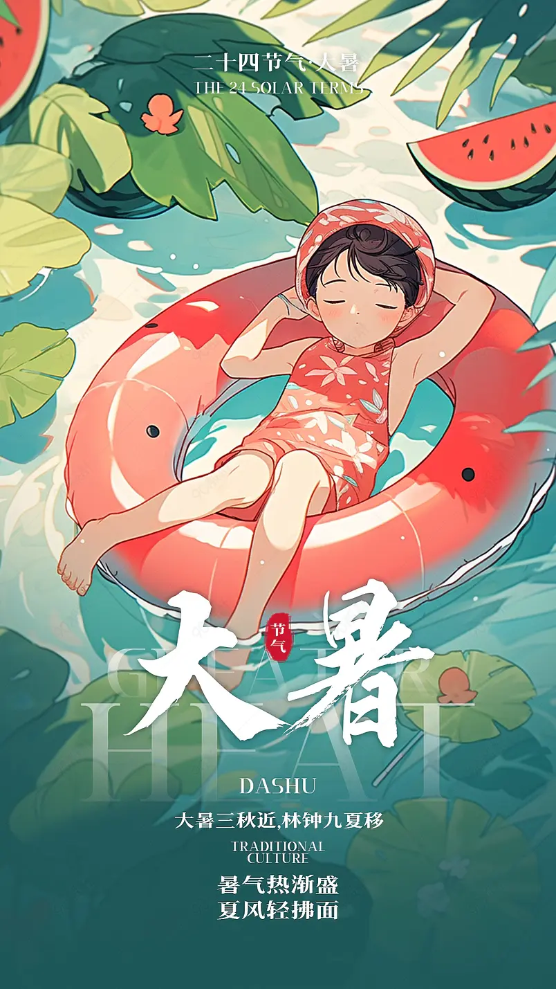卡通手绘插画男孩游泳圈夏天大暑节气海报