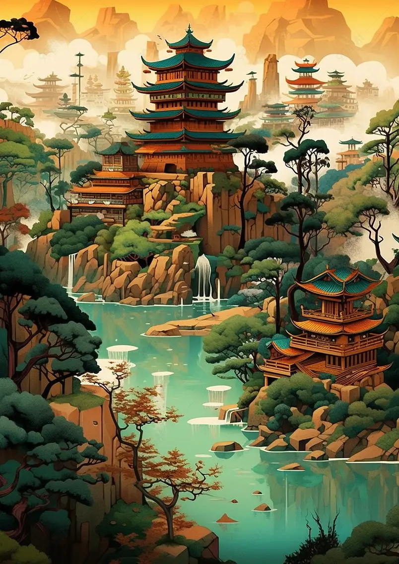山水画传统滕王阁国潮风插画背景