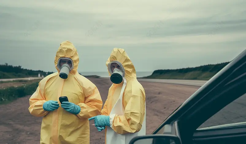 两个人穿戴面罩蓝色手套和黄色防护服