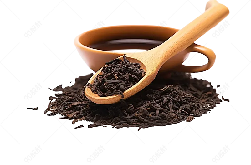 原木色用木勺子装着红茶老茶干茶叶靠着茶杯实物免抠元素