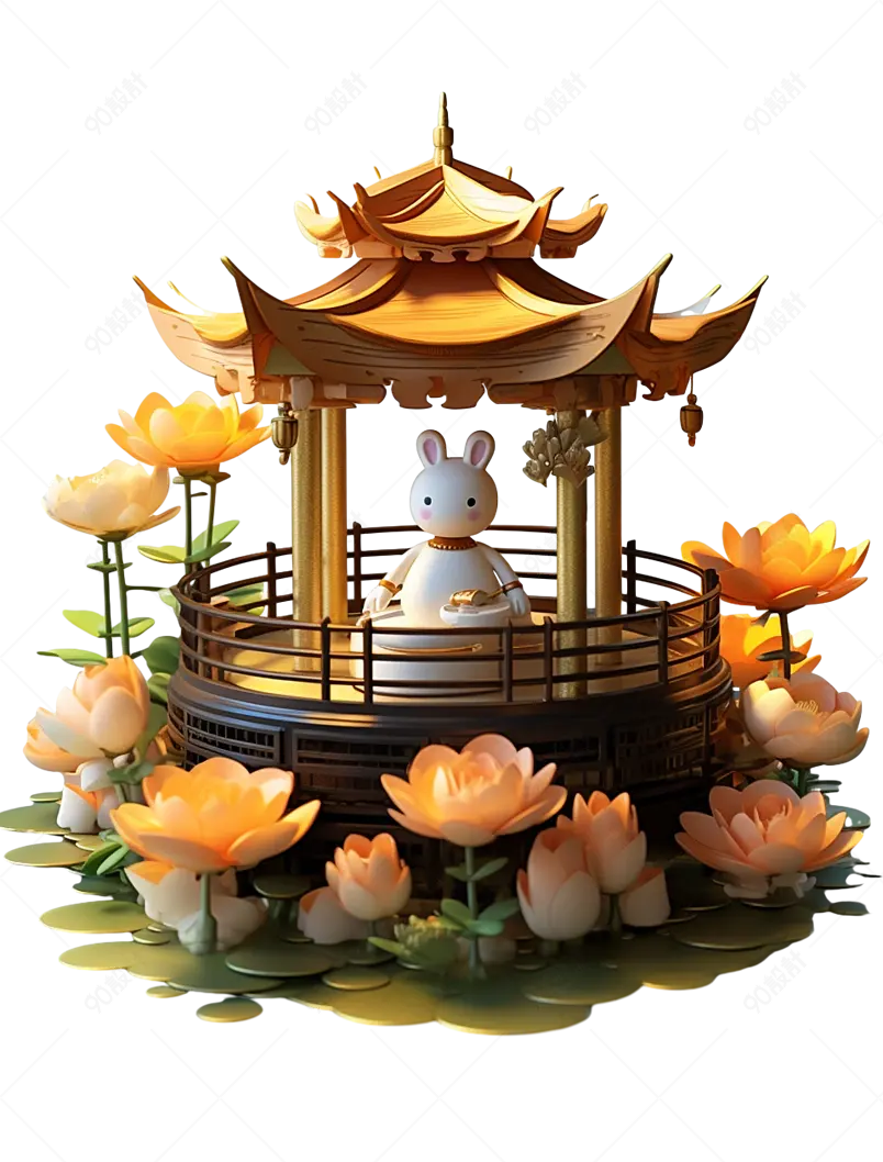 粉色荷花亭子里的兔子中秋节c4d装饰元素